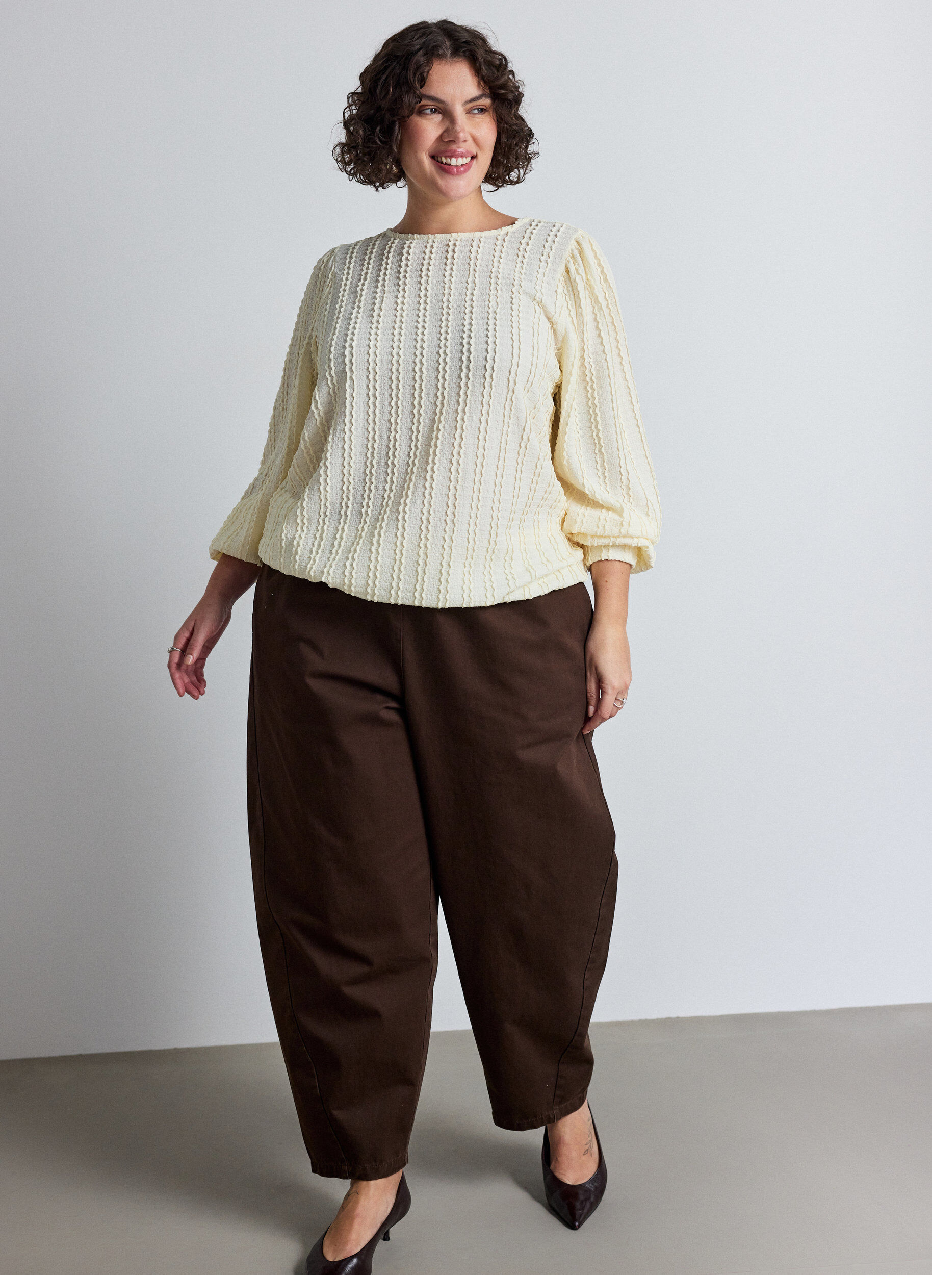ZizziJersey blouse met structuur en ballonsilhouet, Vanille, Model image number 1