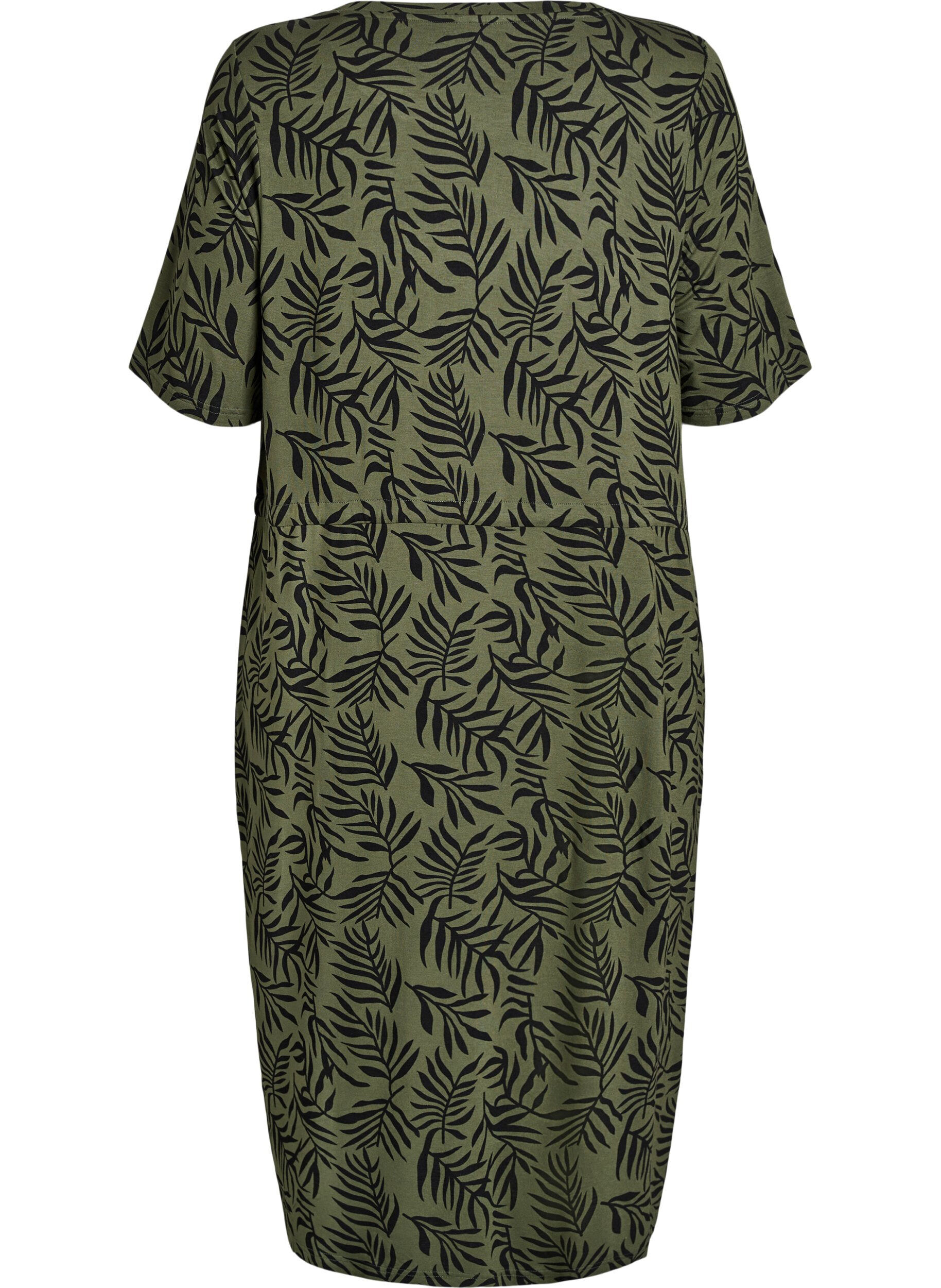Zizzi Jersey midi jurk met strikriem in de taille, Groen, Packshot image number 1