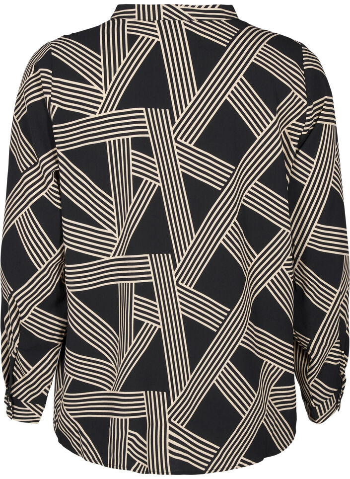 Blouse met lange mouwen en V-hals, BLACK BEIGE GRAPHIC, Packshot image number 1