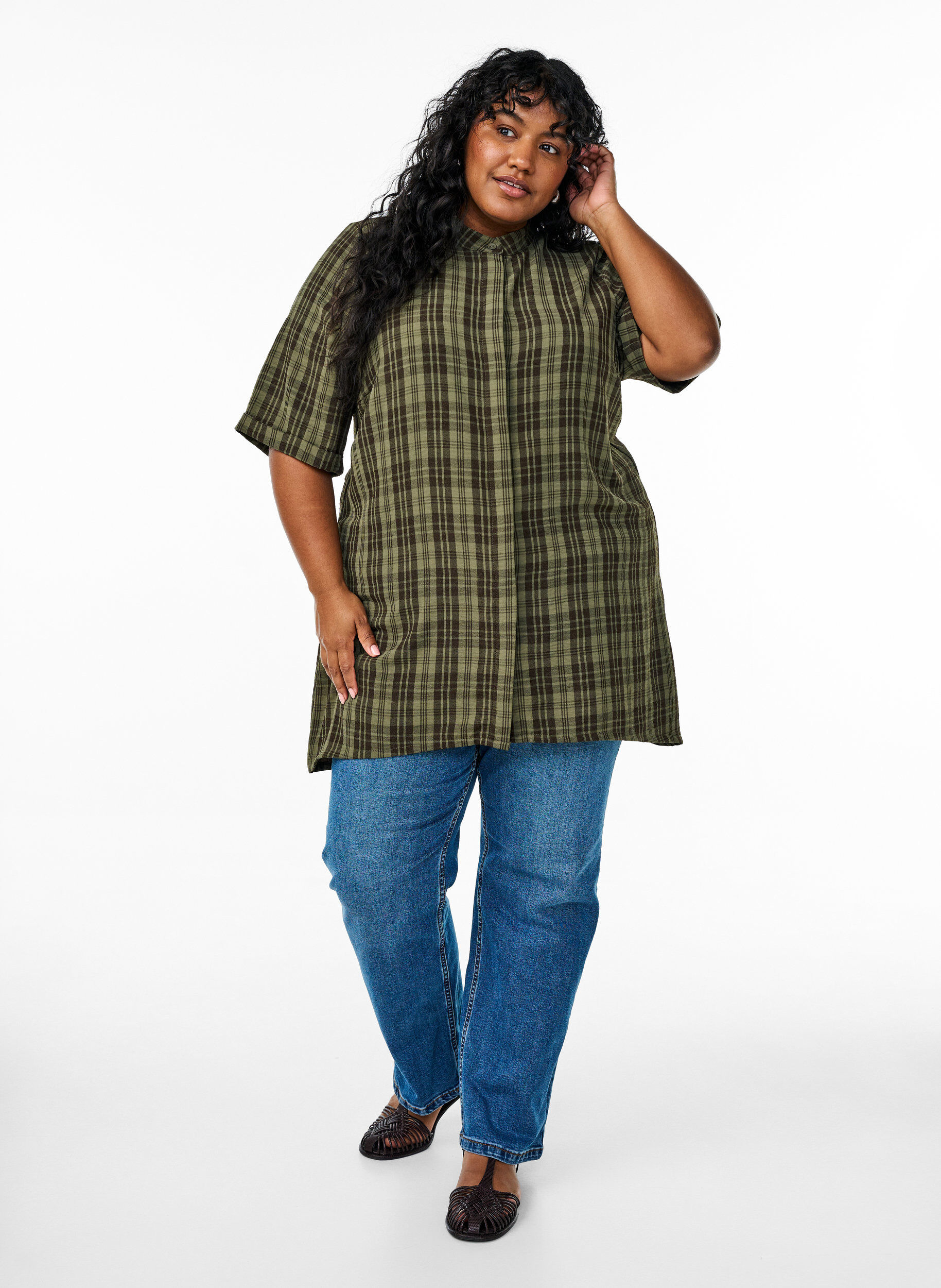 Zizzi Tuniek met korte mouwen en ruitpatroon, Groen, Model image number 1