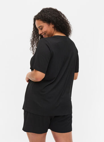 T-shirt met korte mouwen in ribstof, Black, Model image number 1