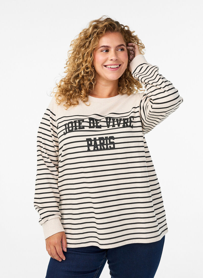 Sweatshirt met strepen en tekstprint, Beige, Model image number 0