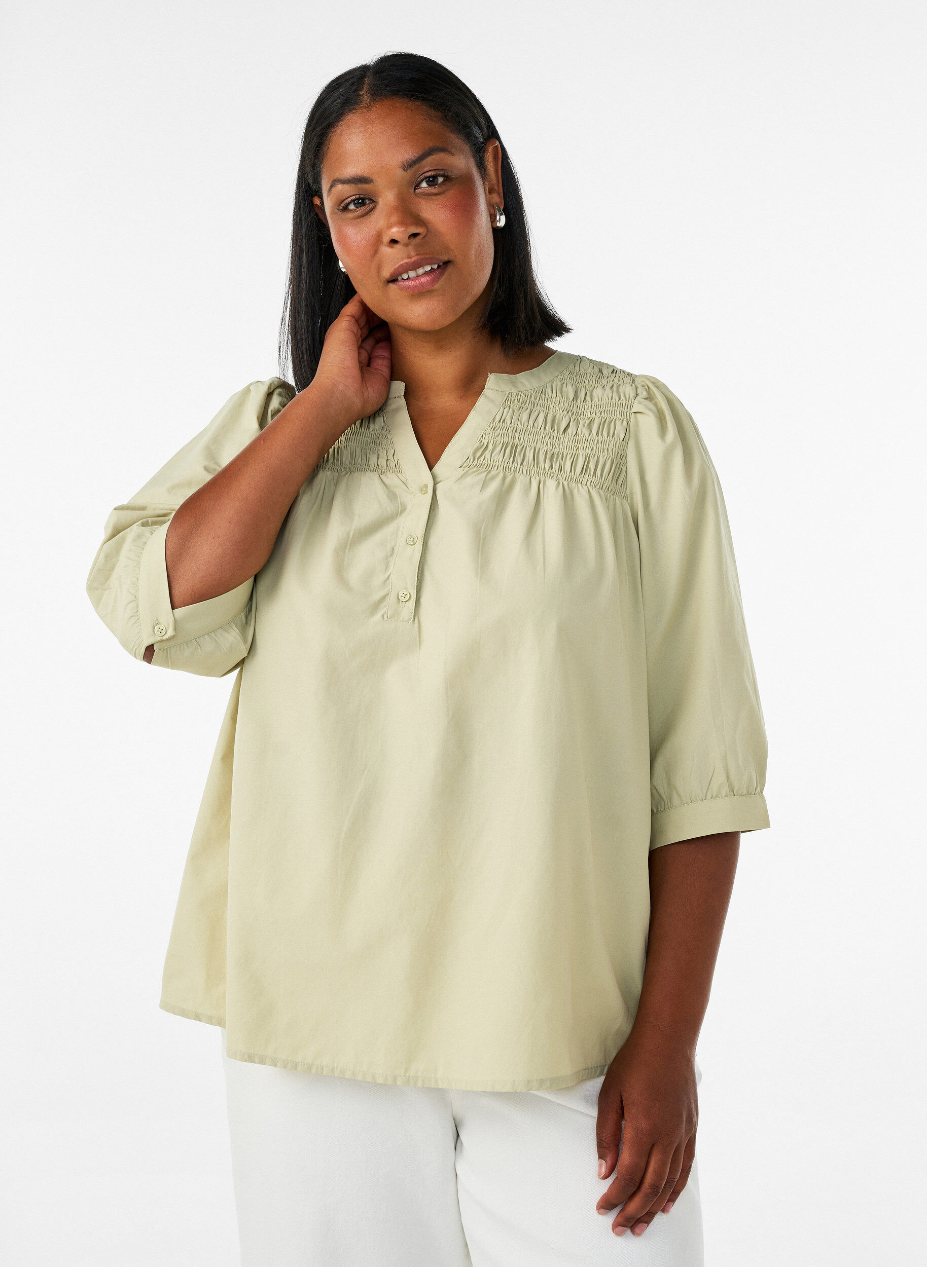 Blouse met smock en 3/4-mouwen, Groen, Model