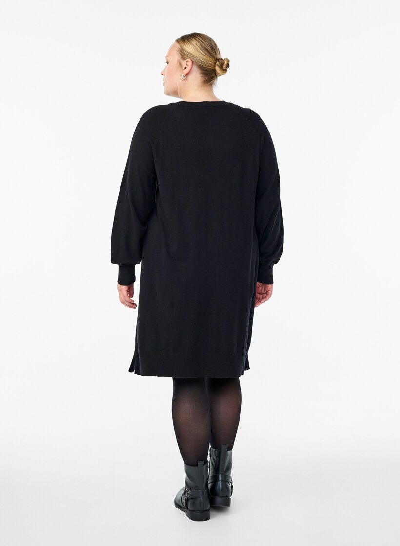 Korte gebreide jurk met raglanmouwen en een middennaad, Zwart, Model image number 2