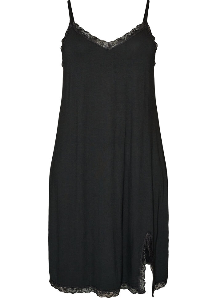 Viscose nachthemd met kant en splitten, Zwart, Packshot image number 0