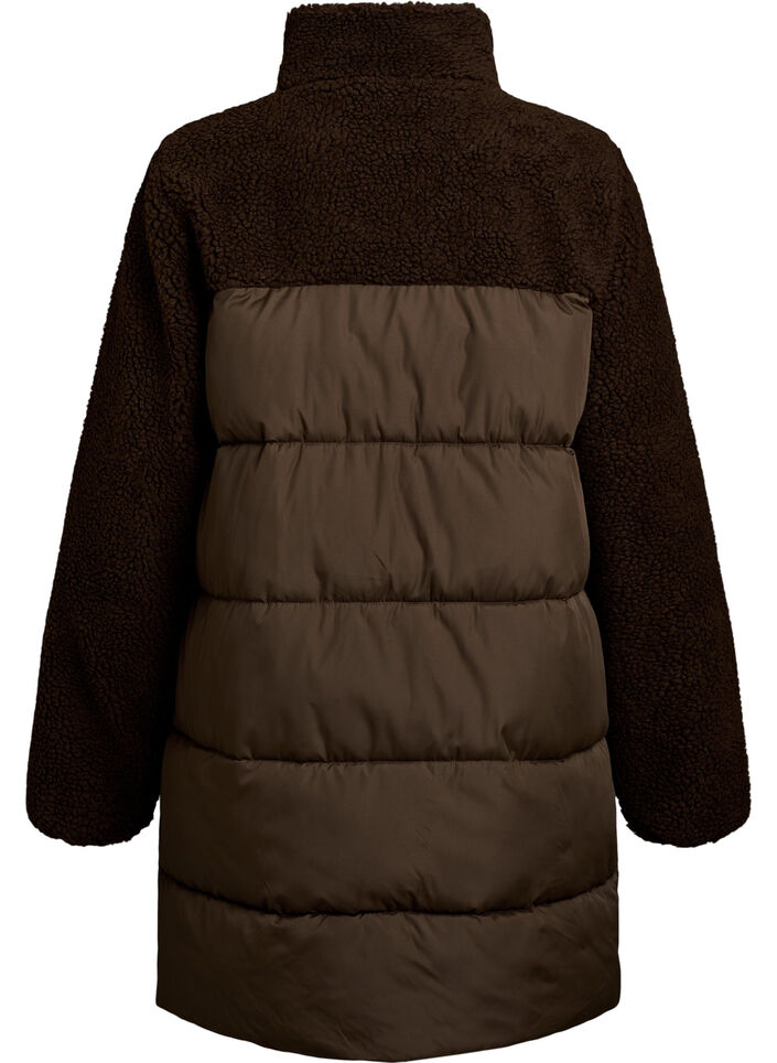 Halflange pufferjas met teddystof, Bruin, Packshot image number 1