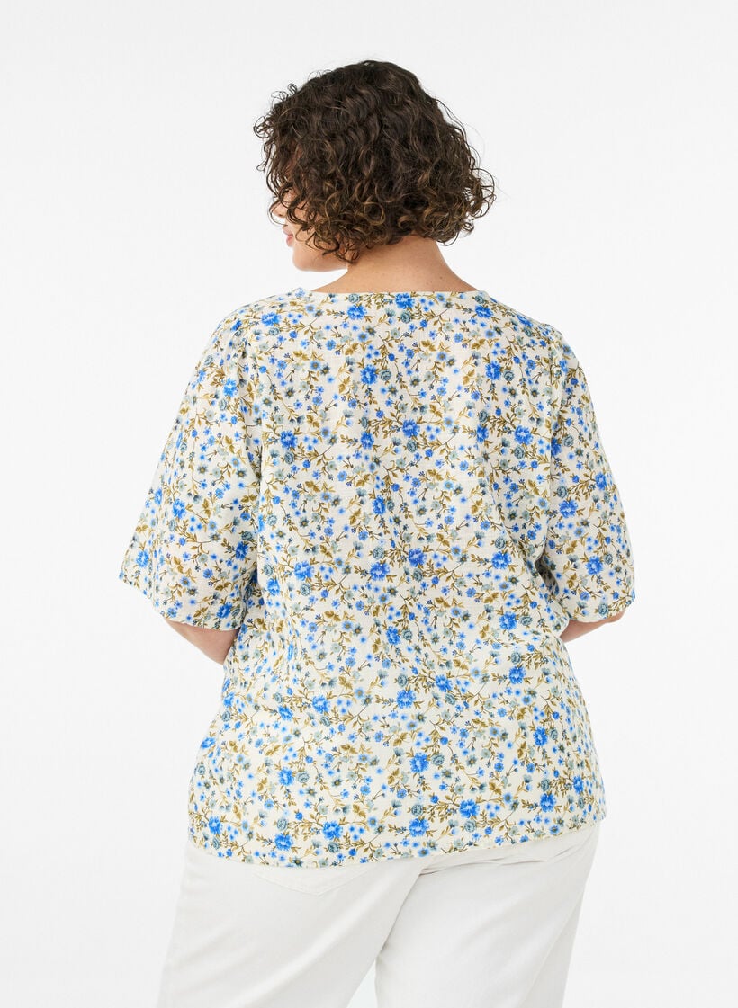 Katoenen shirt met korte mouwen en een V-hals, Blauw, Model image number 2