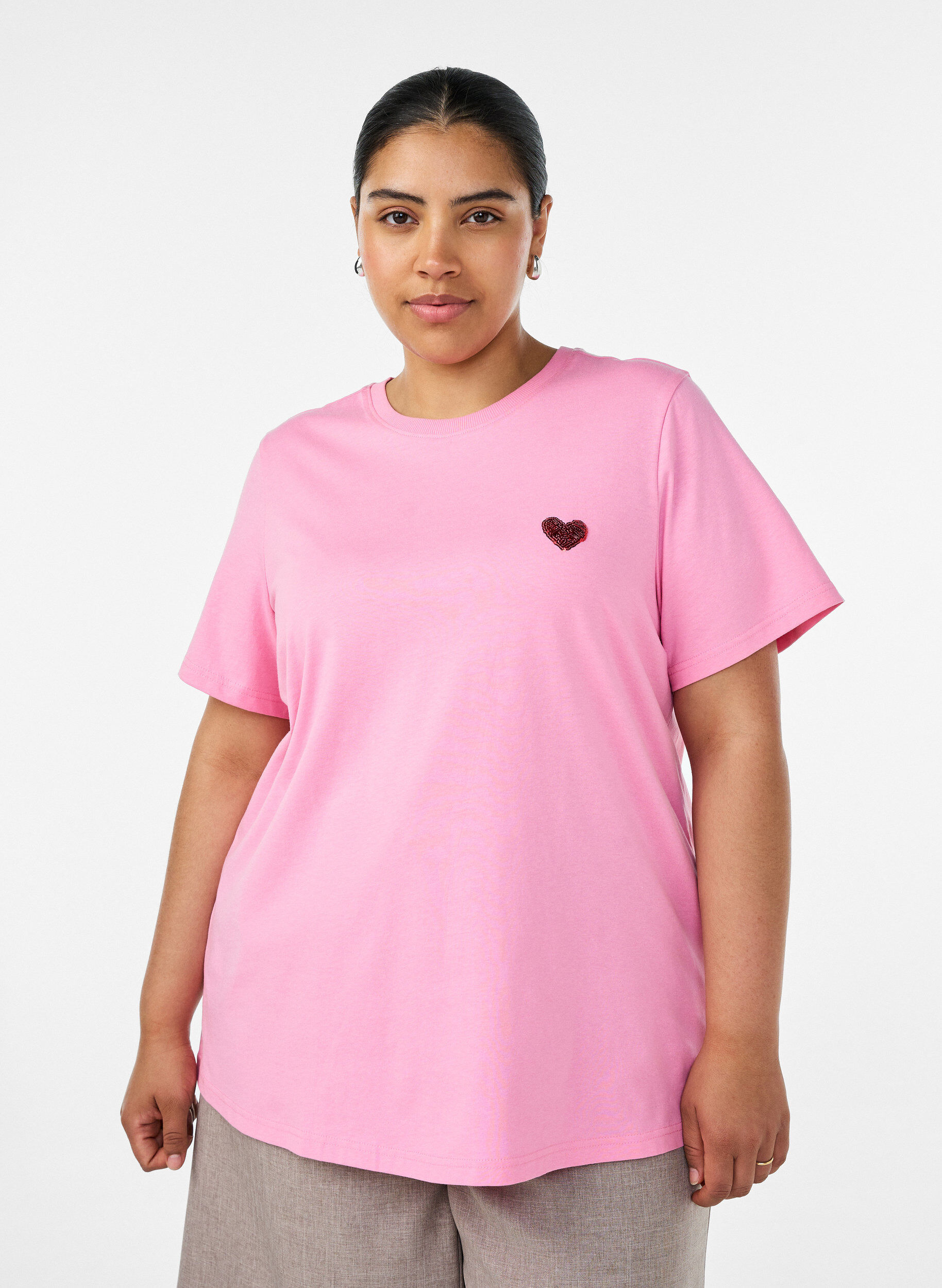 ZizziT-shirt met pailletten hart en kleurrijke achterprint, Roze, Model image number 0