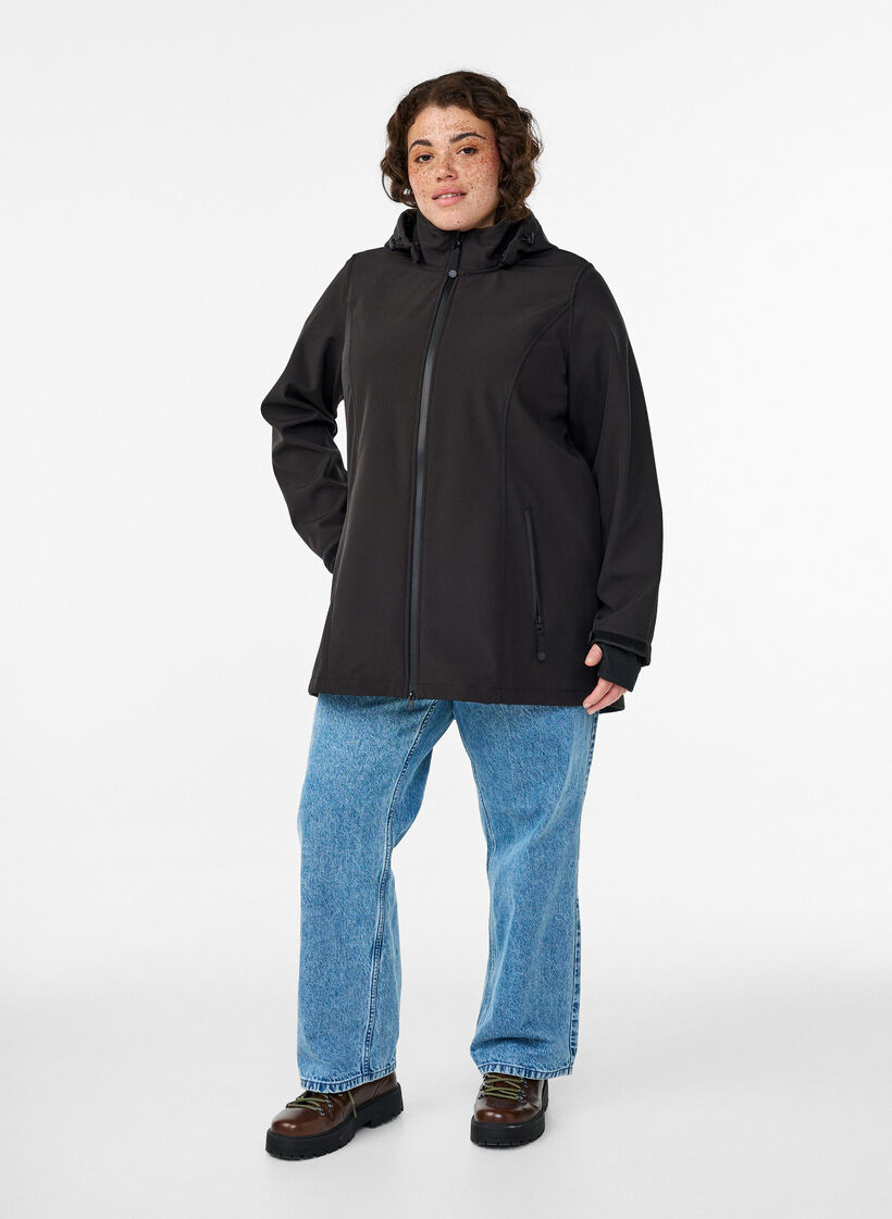 Kort softshelljack met afneembare capuchon, Zwart, Model image number 1