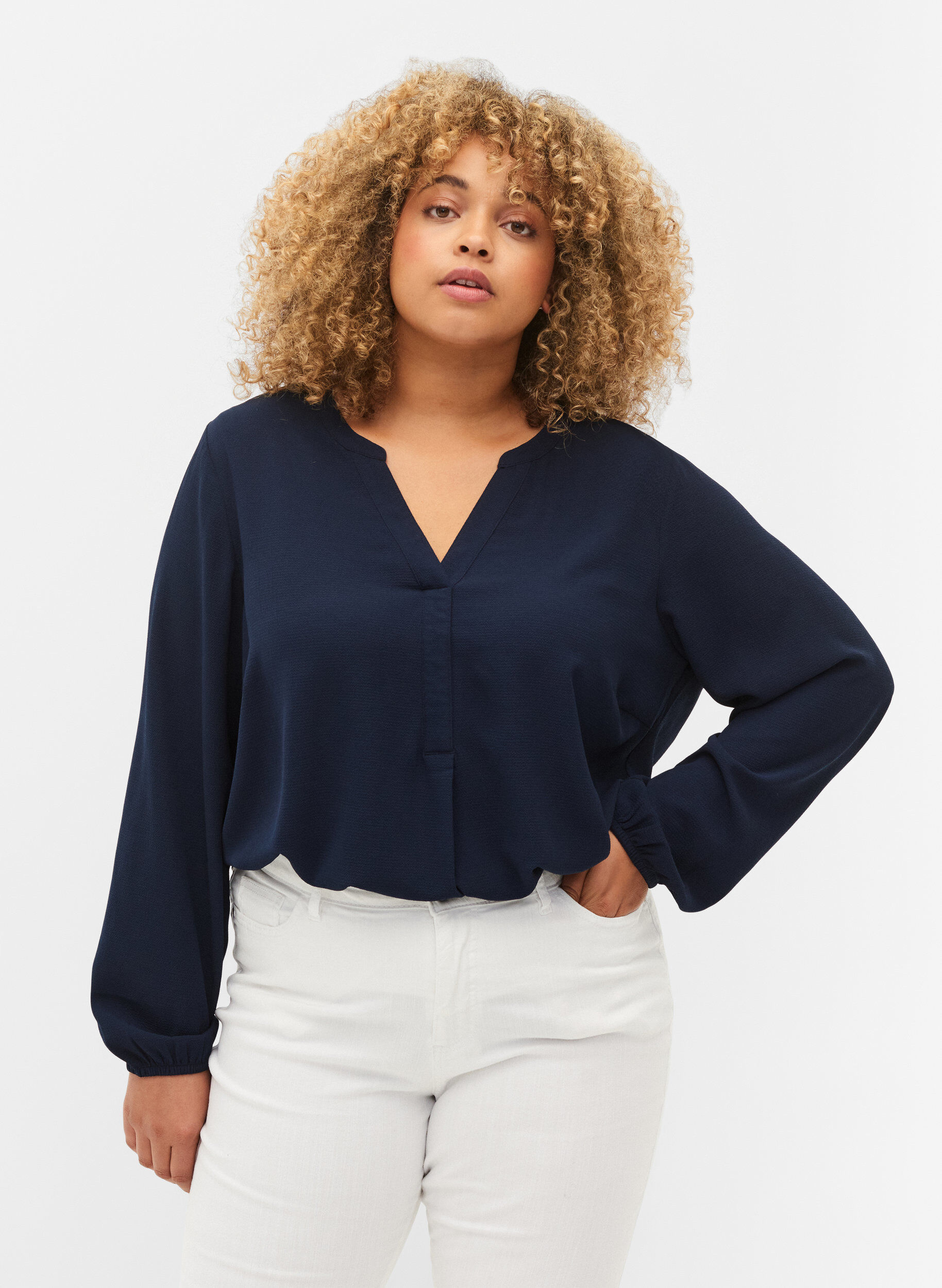 Zizzi Effen blouse met v-hals, Navy Blazer, Model image number 0