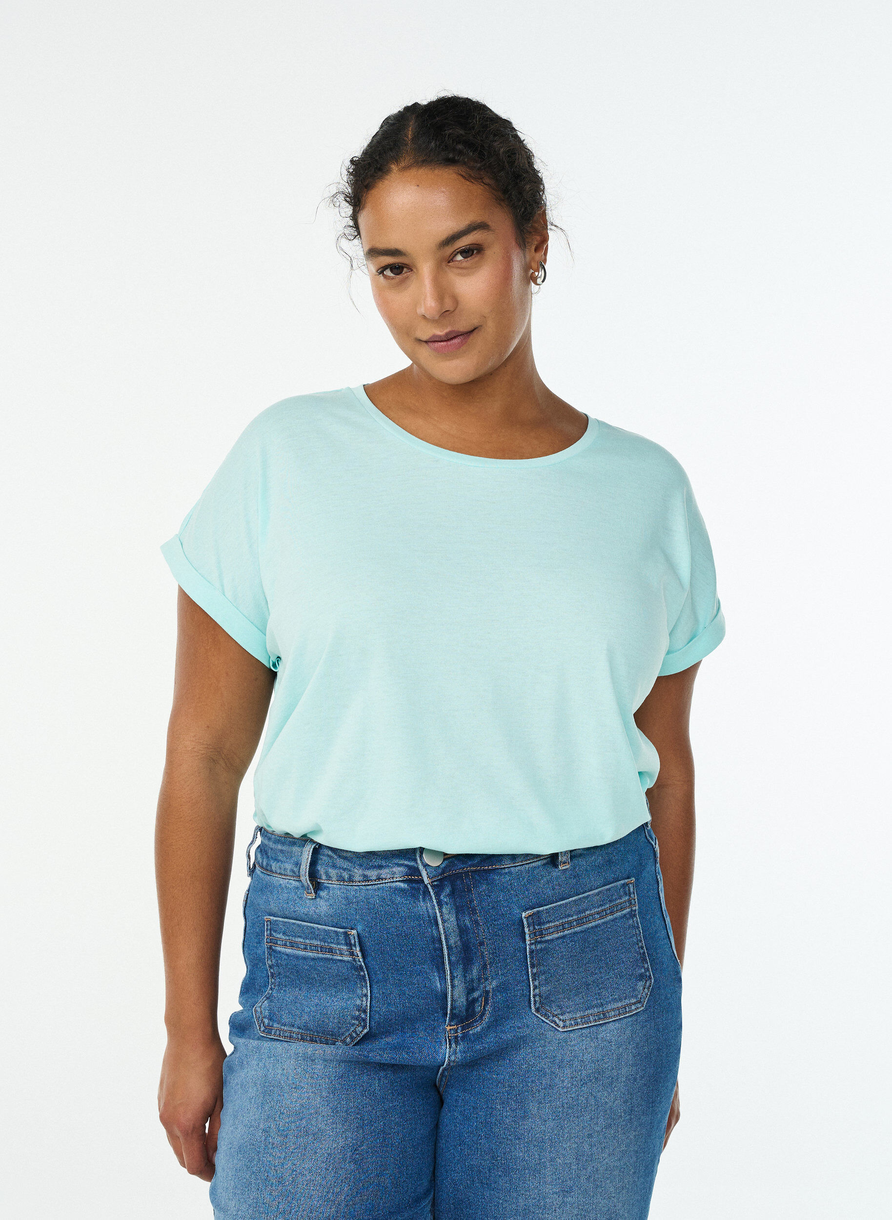 T-shirt met korte mouwen van katoenmix, Turquoise, Model