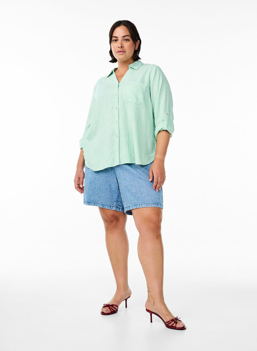 Linnen en viscose shirt met 3/4 mouwen, Groen, Model image number 1