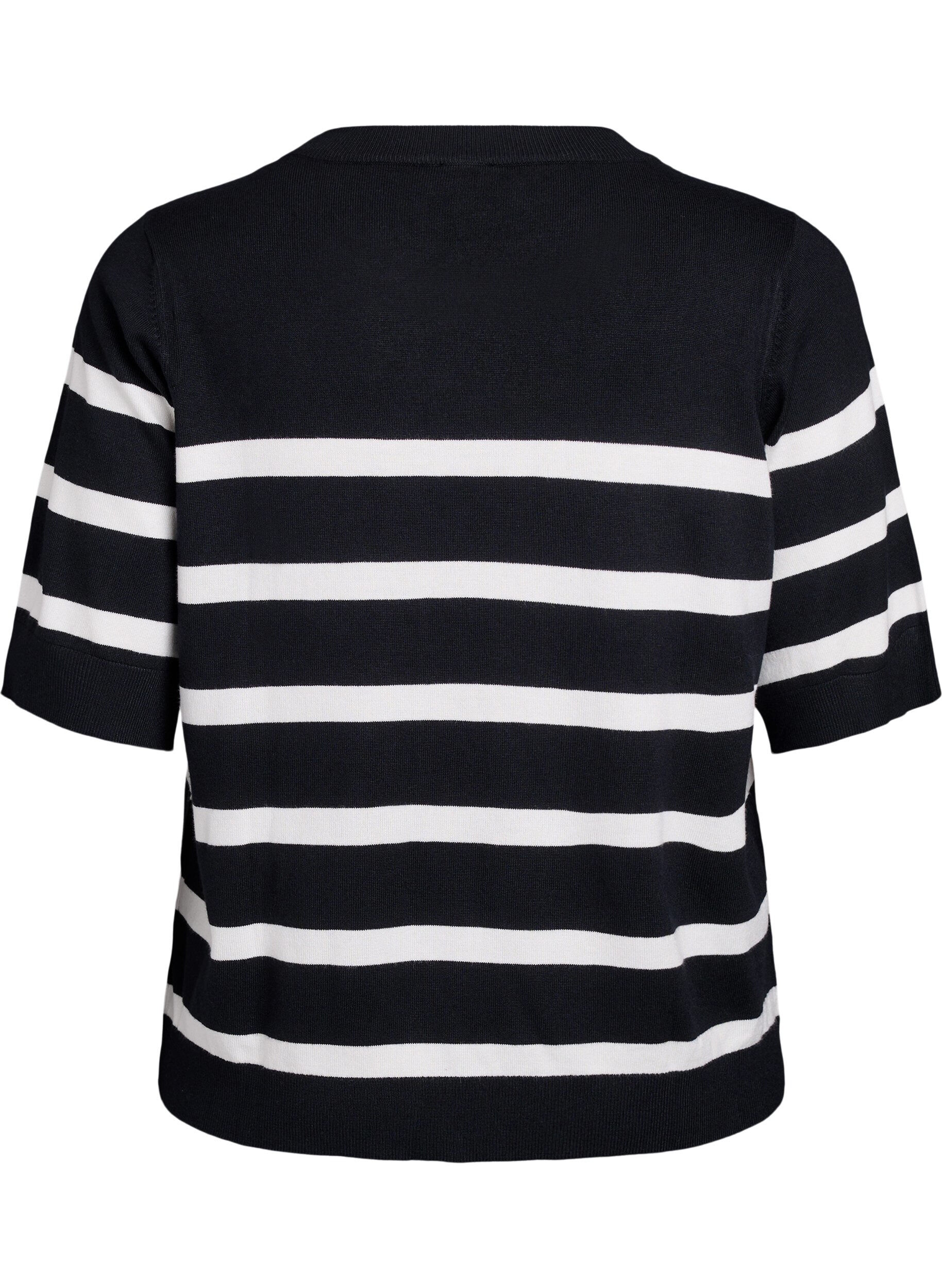 ZizziGestreepte top met korte mouwen in breisel, Zwart, Packshot image number 1