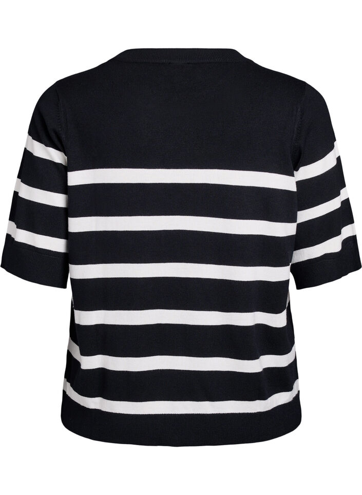Gestreepte top met korte mouwen in breisel, Zwart, Packshot image number 1