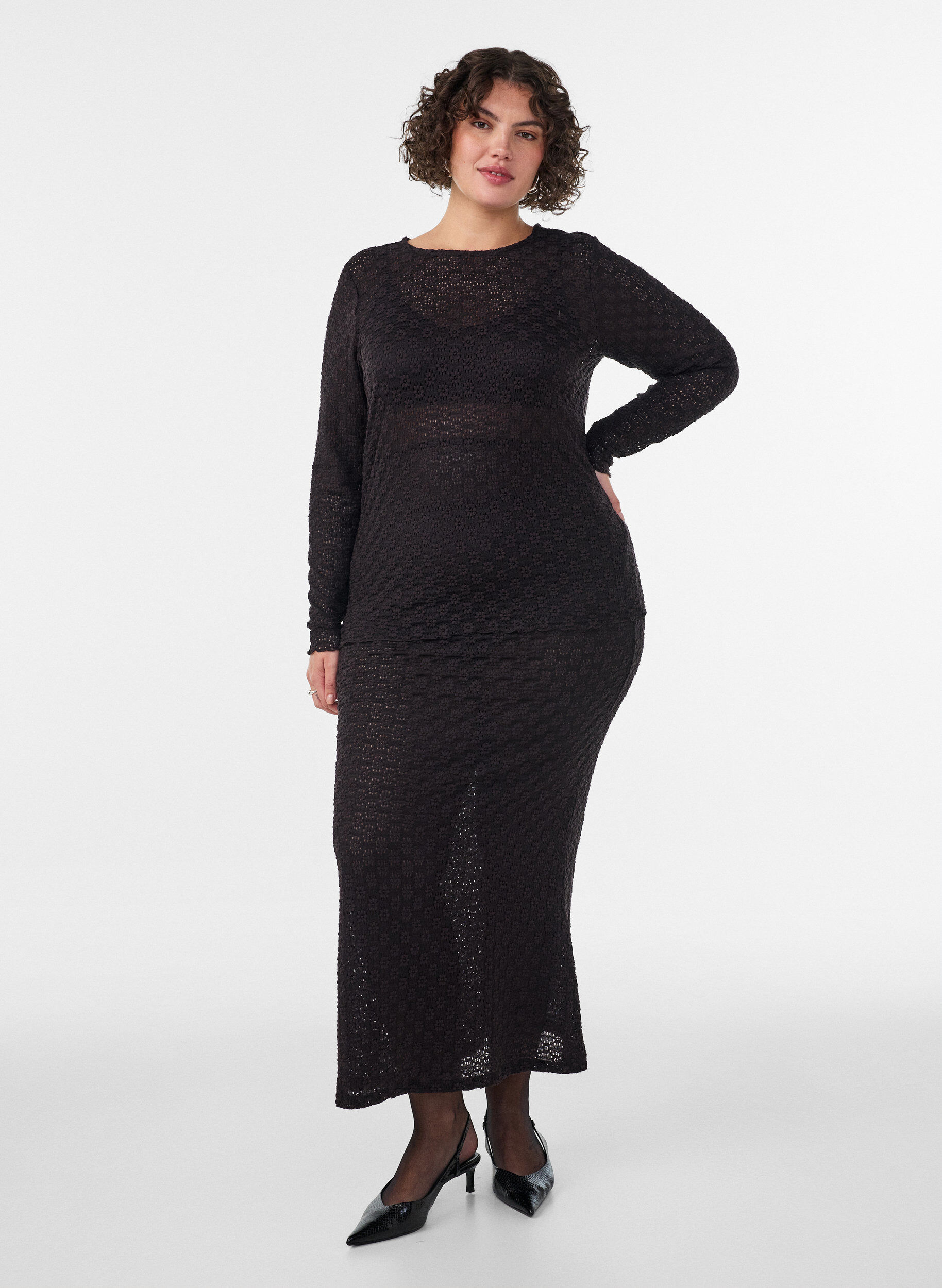 ZizziBlouse met ajourpatroon en lange mouwen, Zwart, Model image number 1