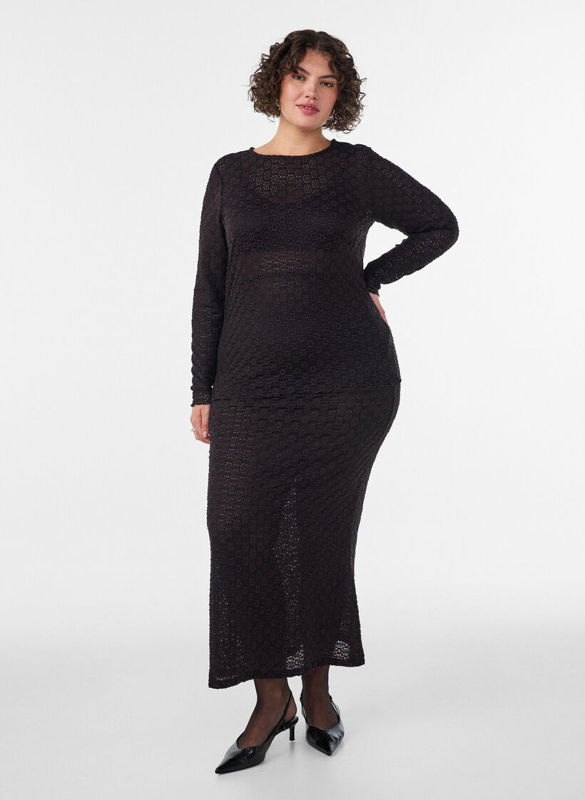 Blouse met ajourpatroon en lange mouwen, Zwart, Model image number 1