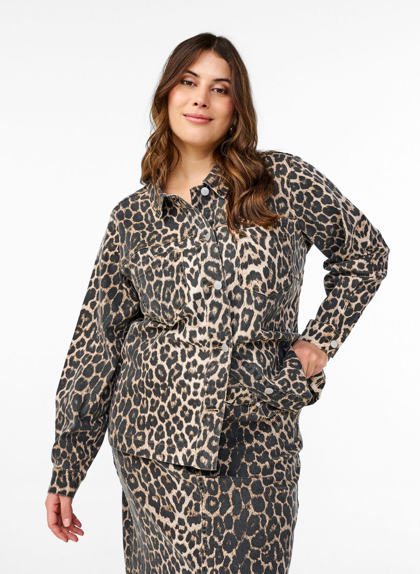 Denim jacket met luipaardprint en borstzakken, Bruin, Model image number 0