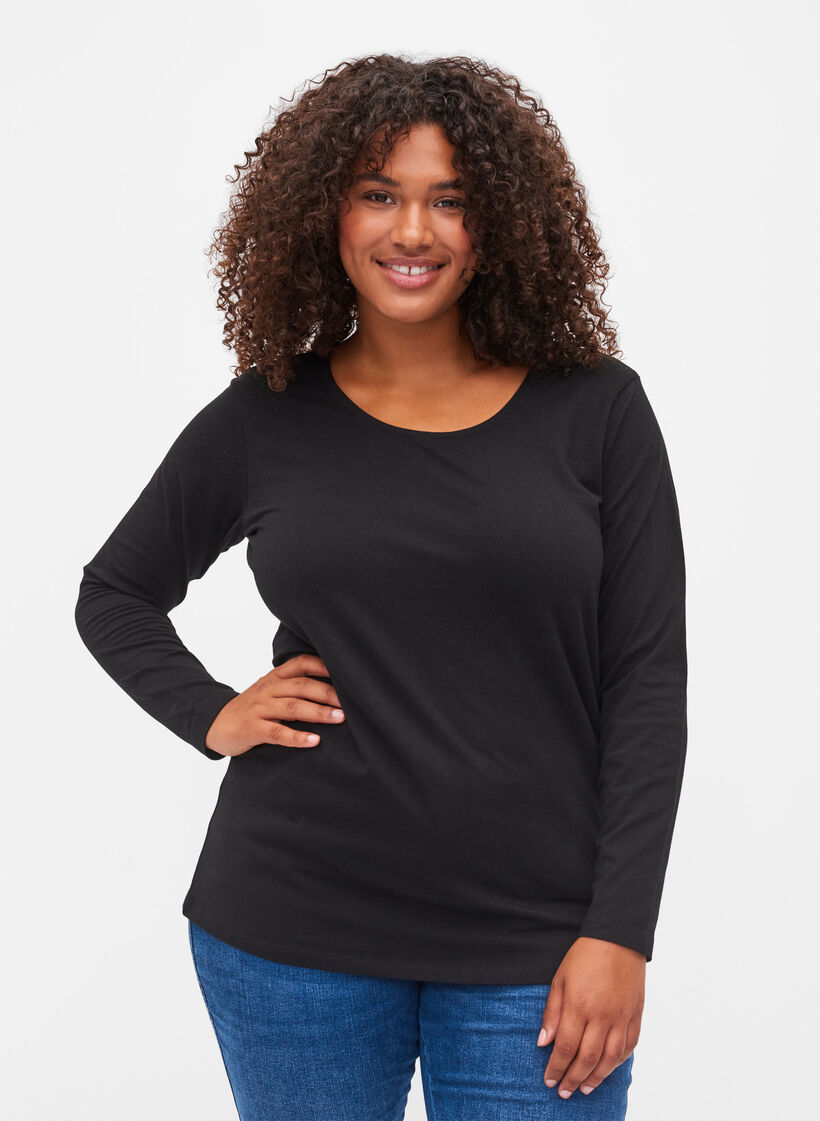 Effen katoenen basis top, Solid Black, Model image number 0