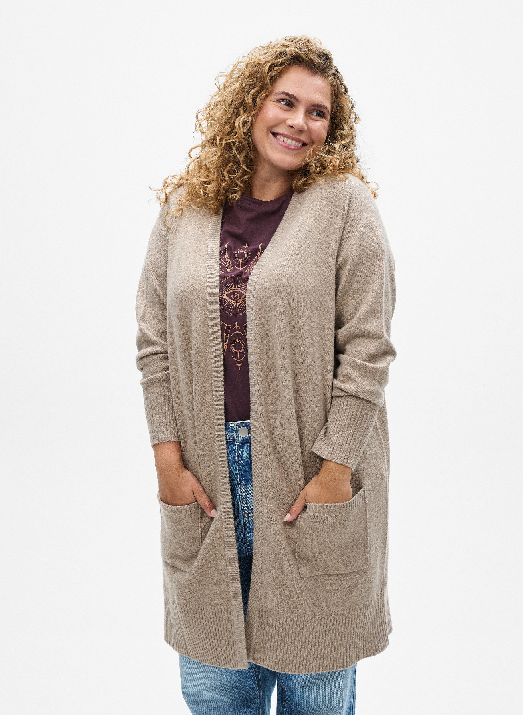ZizziGeribd gebreid vest met zakken, Beige, Model image number 0