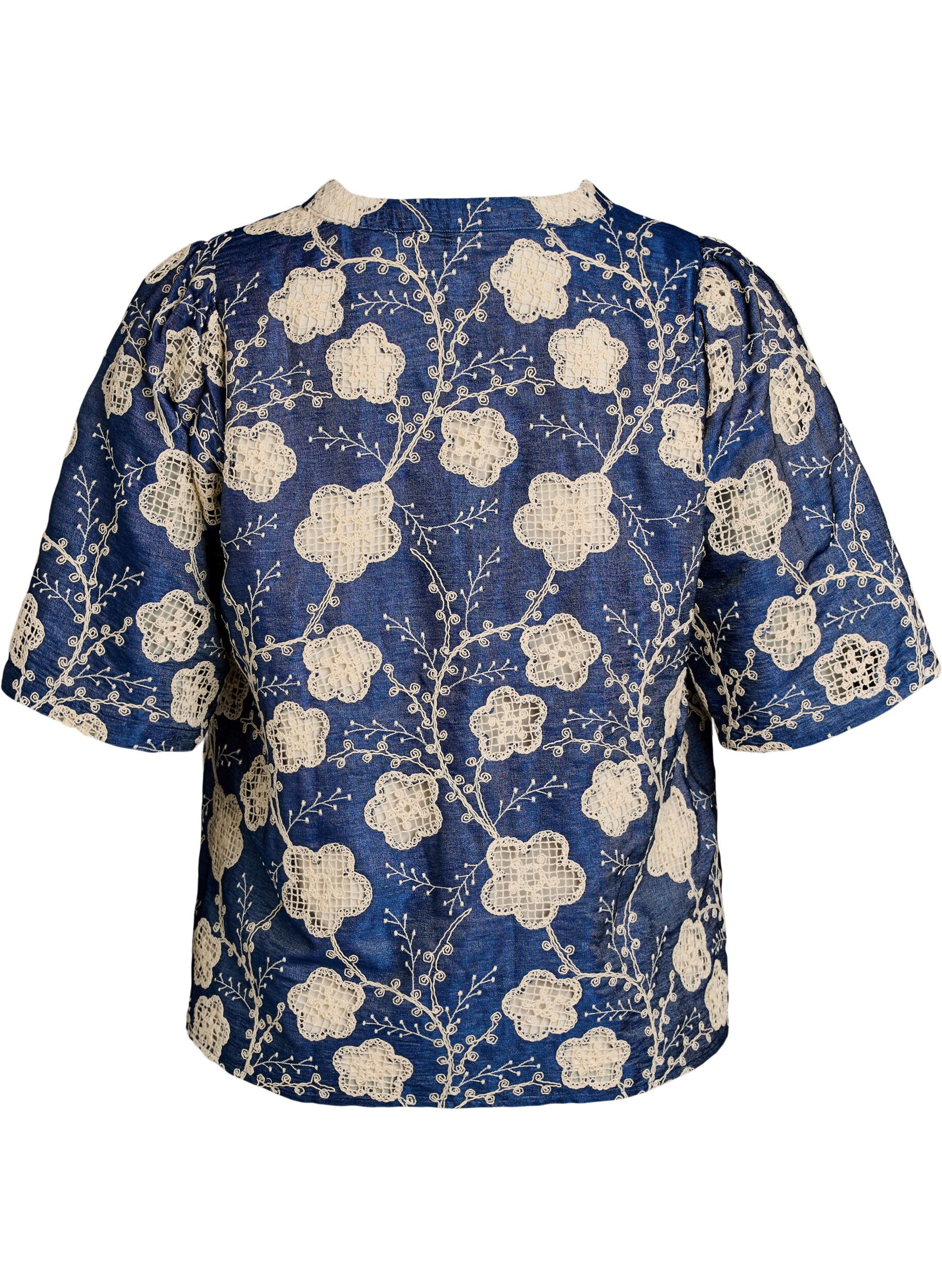 Zizzi Blouse met V-hals en geborduurd patroon, Blauw, Packshot image number 1
