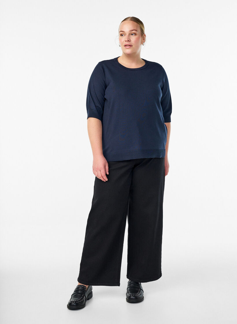 Fijngebreide blouse met korte mouwen, Blauw, Model image number 1