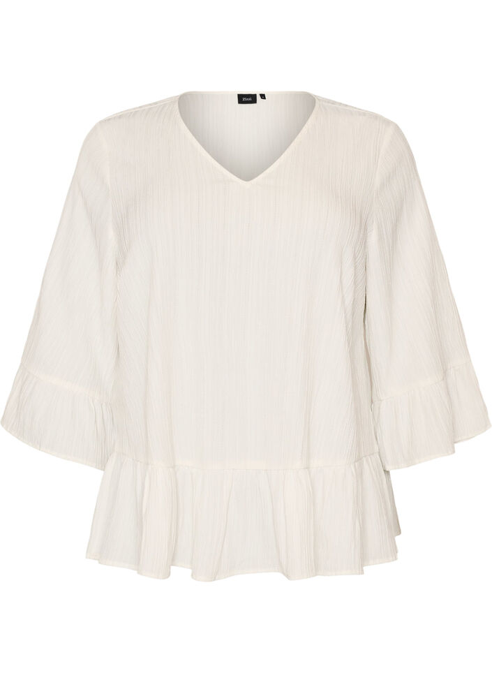 Blouse met textuur, V-hals en ruches, Vanille, Packshot image number 0