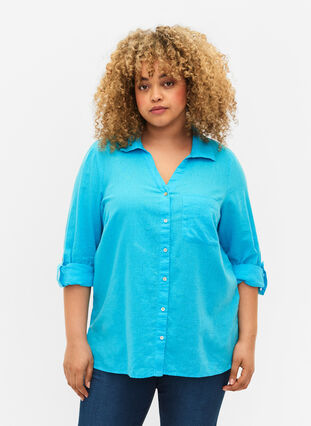 Overhemdblouse met knoopsluiting in katoen-linnen mix, Blue Atoll, Model image number 0