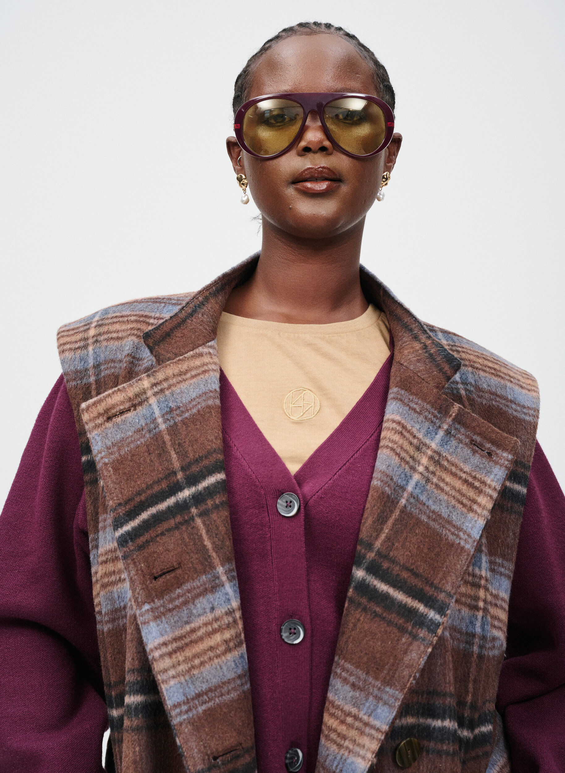 Zizzi Lang geruit vest, Bruin, Image image number 0