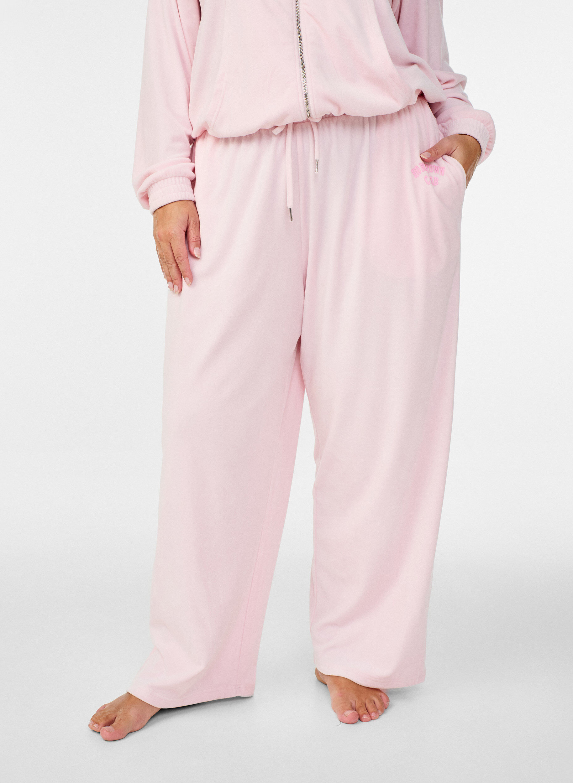 Zizzi Losse velourbroek met high waist en zakken, Roze, Model image number 1