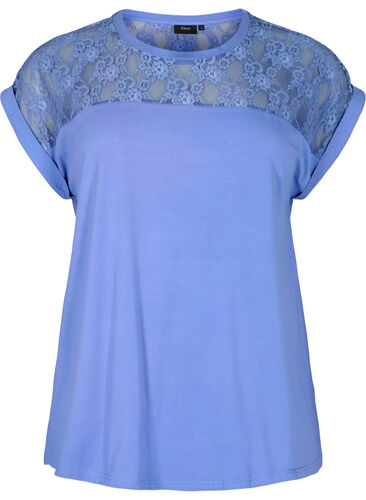 Katoenen t-shirt met korte mouwen en kant, Persian Jewel, Packshot image number 0