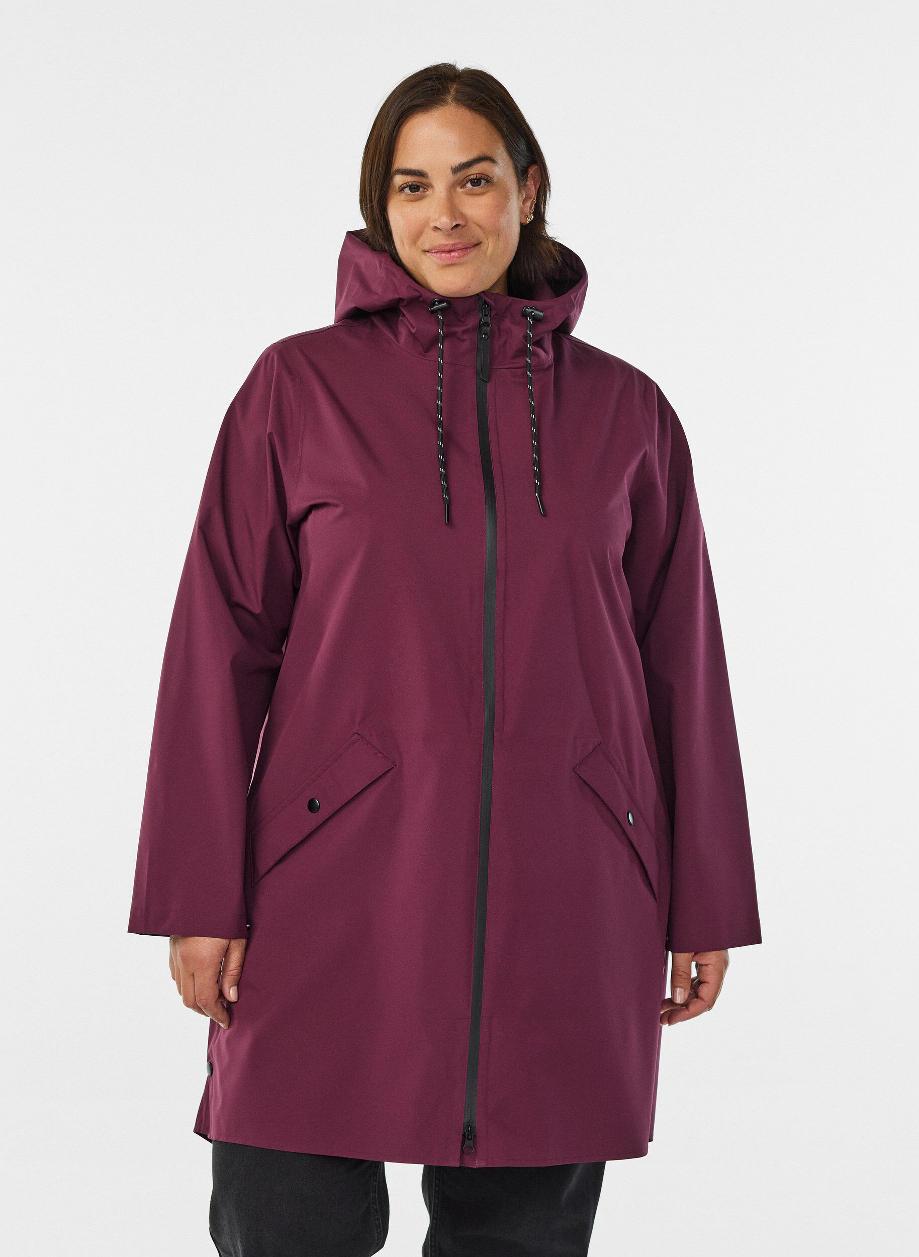 Regenjas met zakken en capuchon, Donker Bordeaux, Model