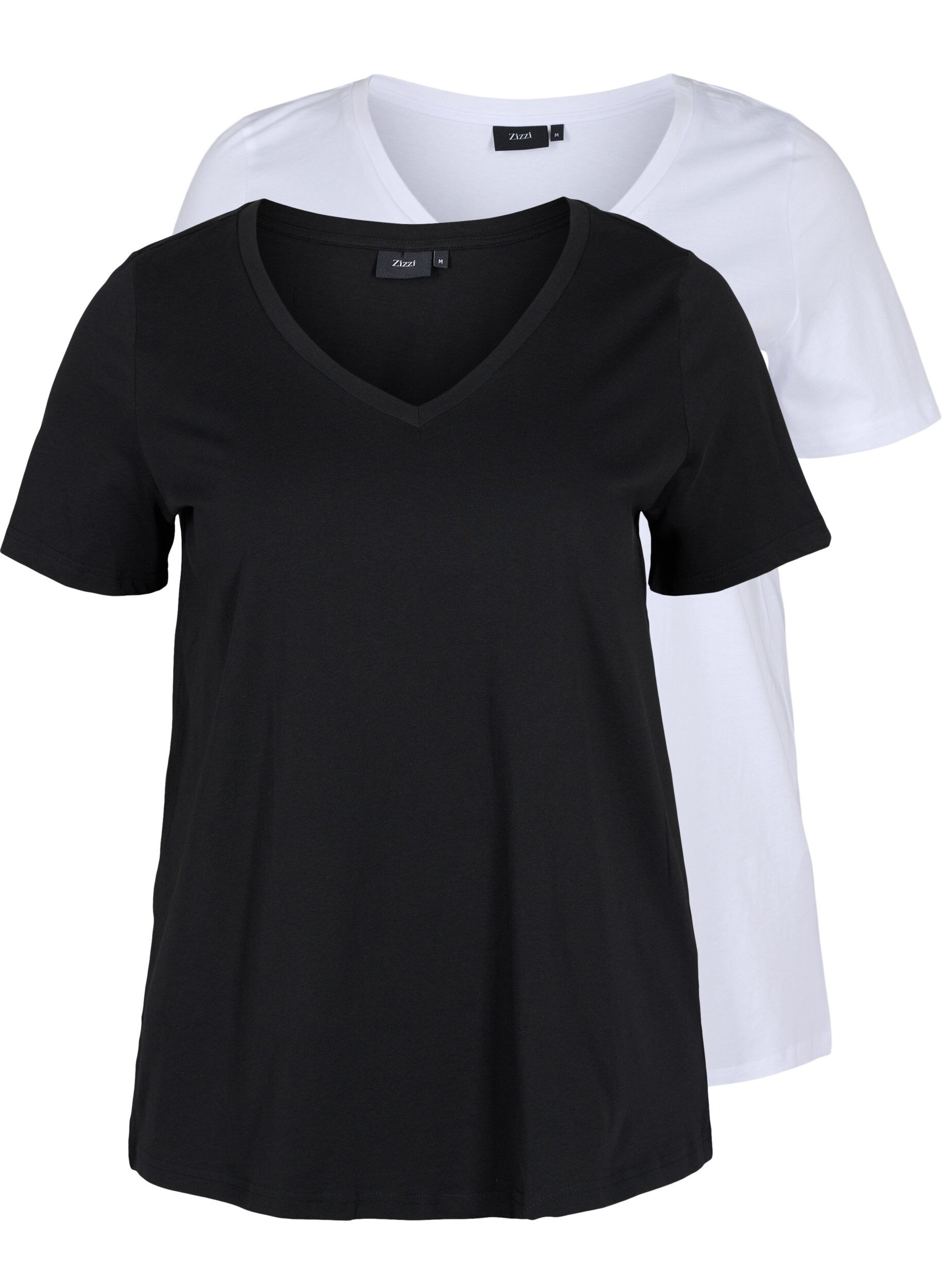 Zizzi Set van 2 basic t-shirts in katoen, Black/Bright W, Packshot image number 0