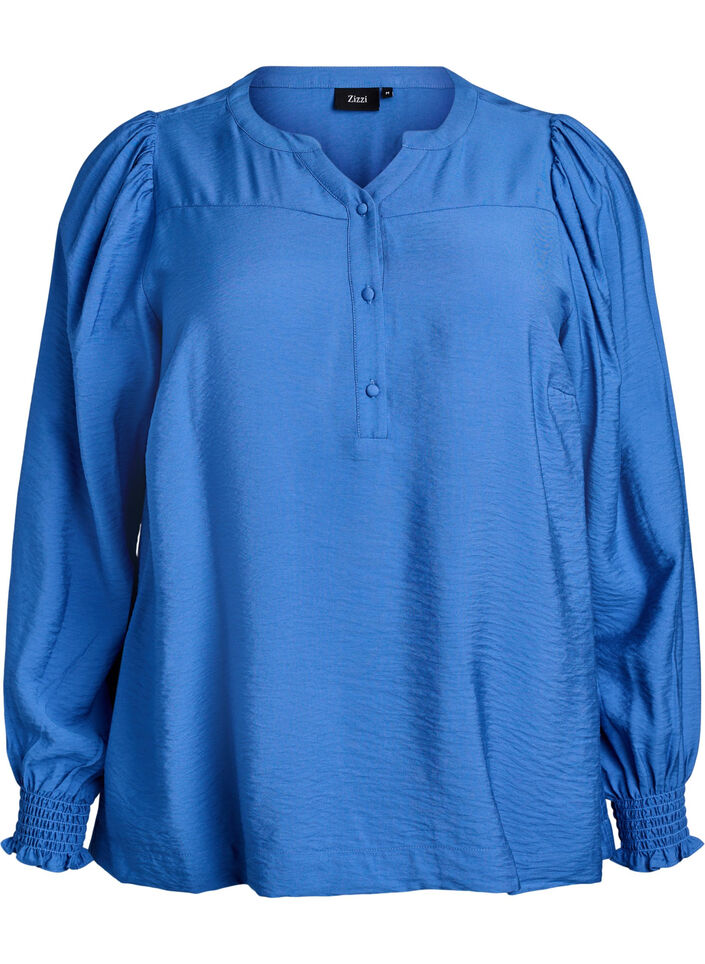 Viscose blouse met smock en geplooide details, Blauw, Packshot image number 0