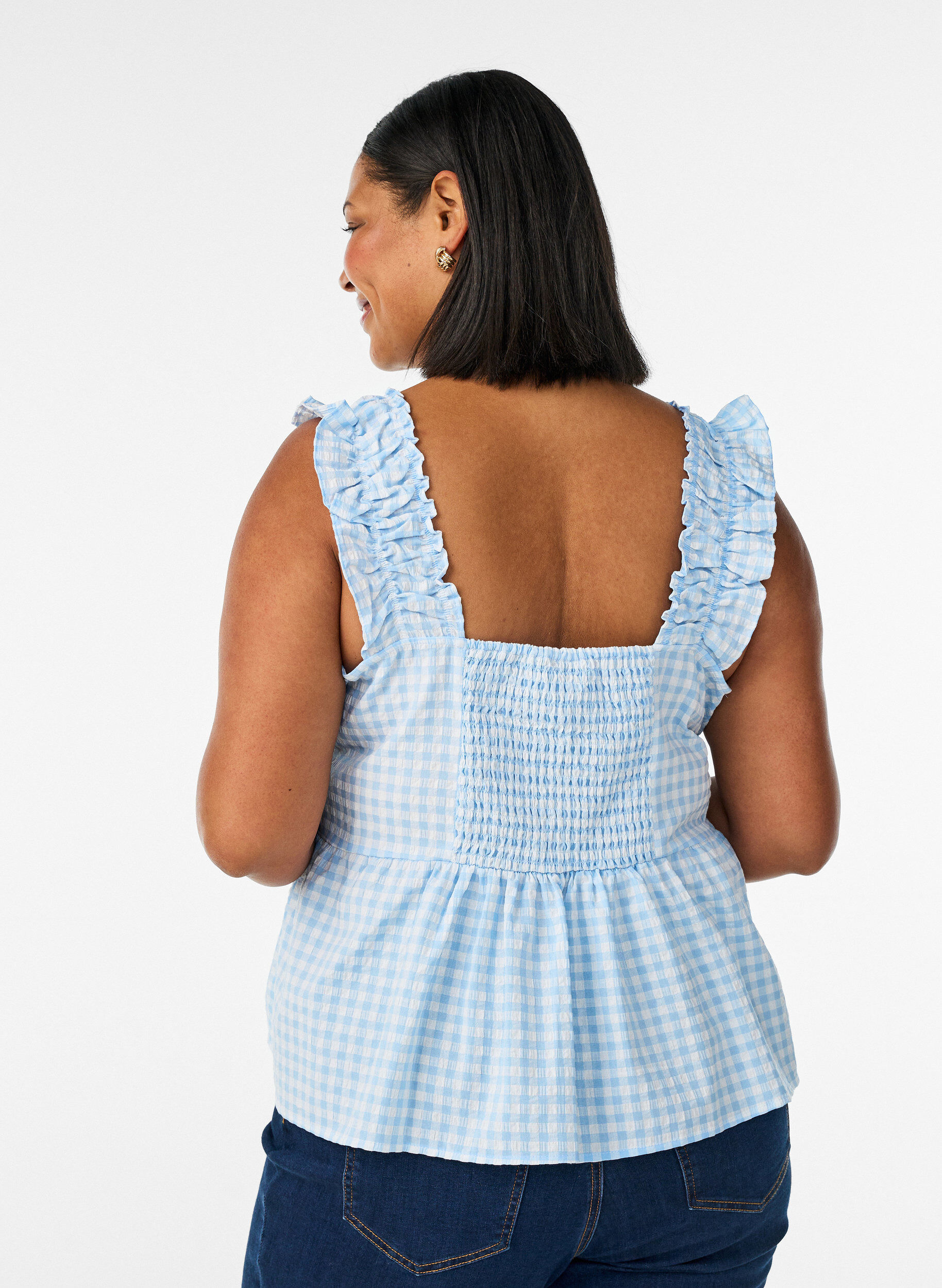 ZizziTop met ruitjes en ruchesdetails, Blauw, Model image number 2