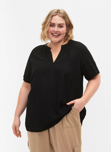 Viscose blouse met korte mouwen en v-hals, Black, Model image number 0