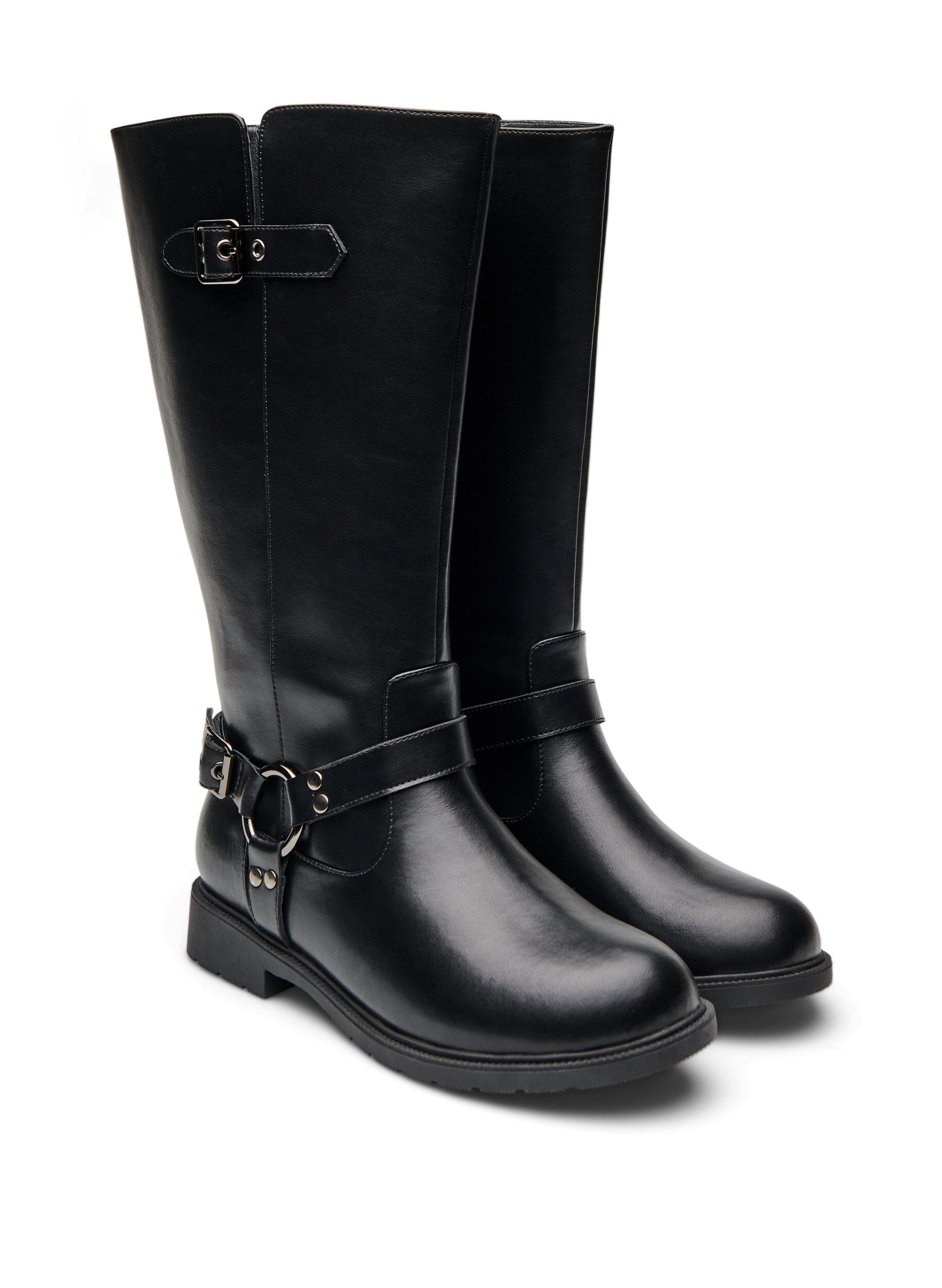 ZizziHoge laars van leer met decoratieve gespen, Zwart, Packshot image number 1