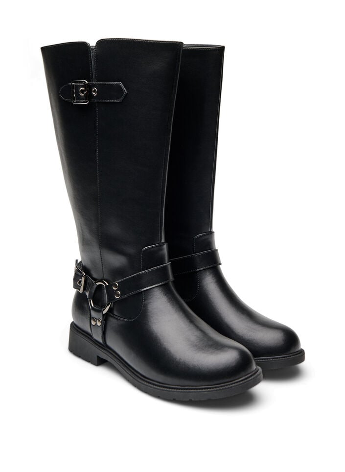 Hoge laars van leer met decoratieve gespen, Zwart, Packshot image number 1