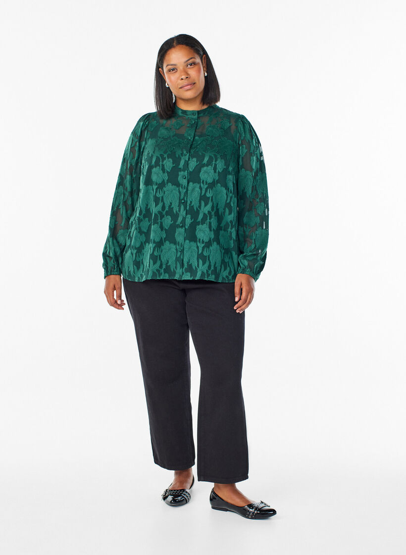 Blouse met knoopjes en bloemenpatroon, Groen, Model image number 1