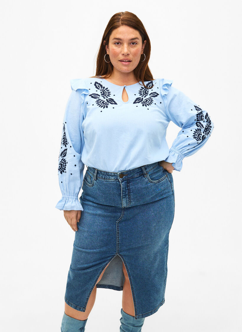 Denim rok met split aan de voorkant, Blue denim, Model image number 0