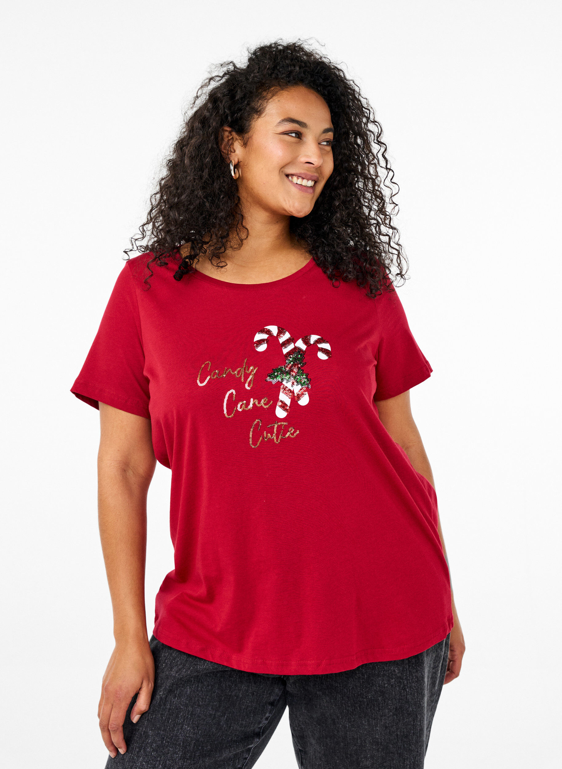 Zizzi Kerst T-shirts in 100% katoen, Tango R.w.Candy Cane, Model image number 0