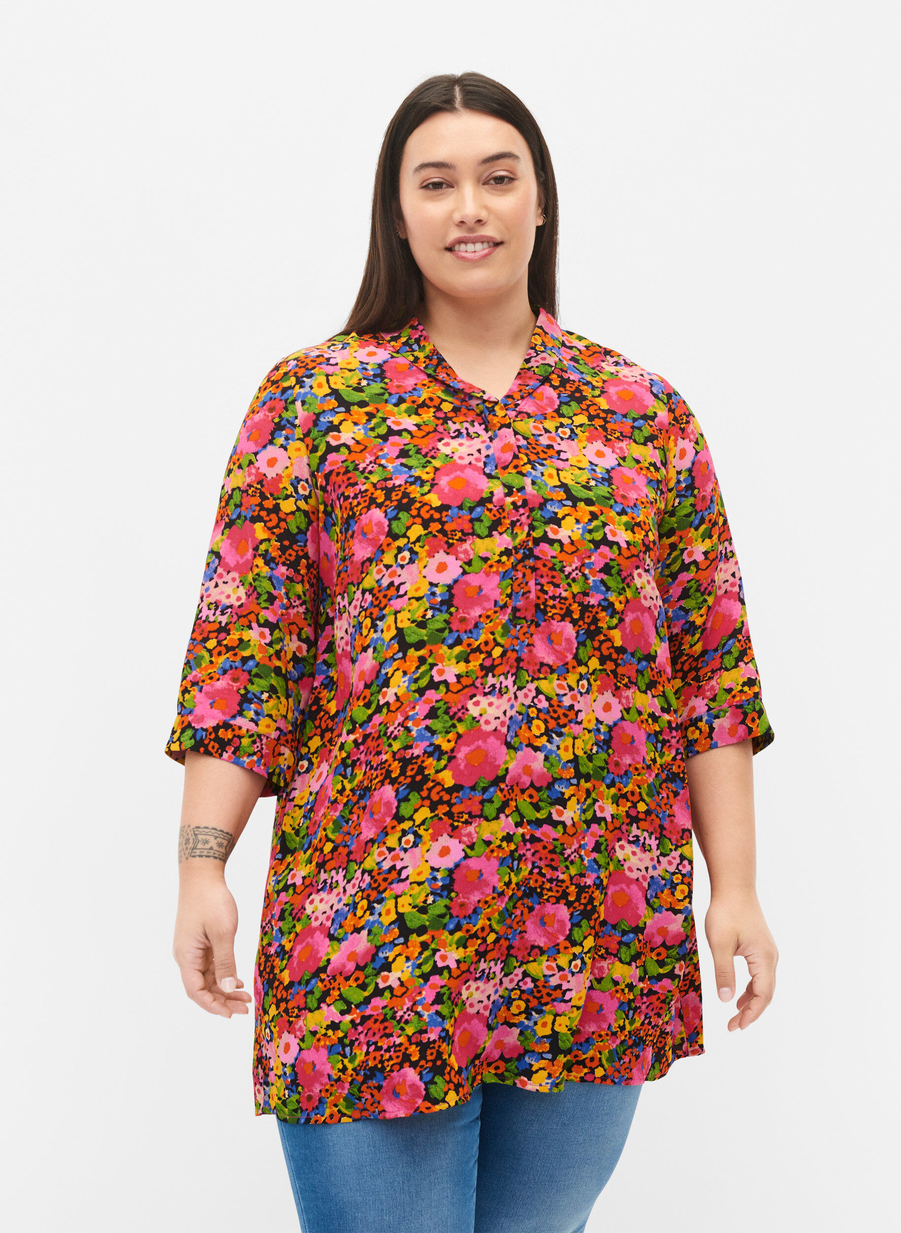 Zizzi Gebloemde viscose tuniek met 3/4 mouwen, Neon Flower Print, Model image number 0