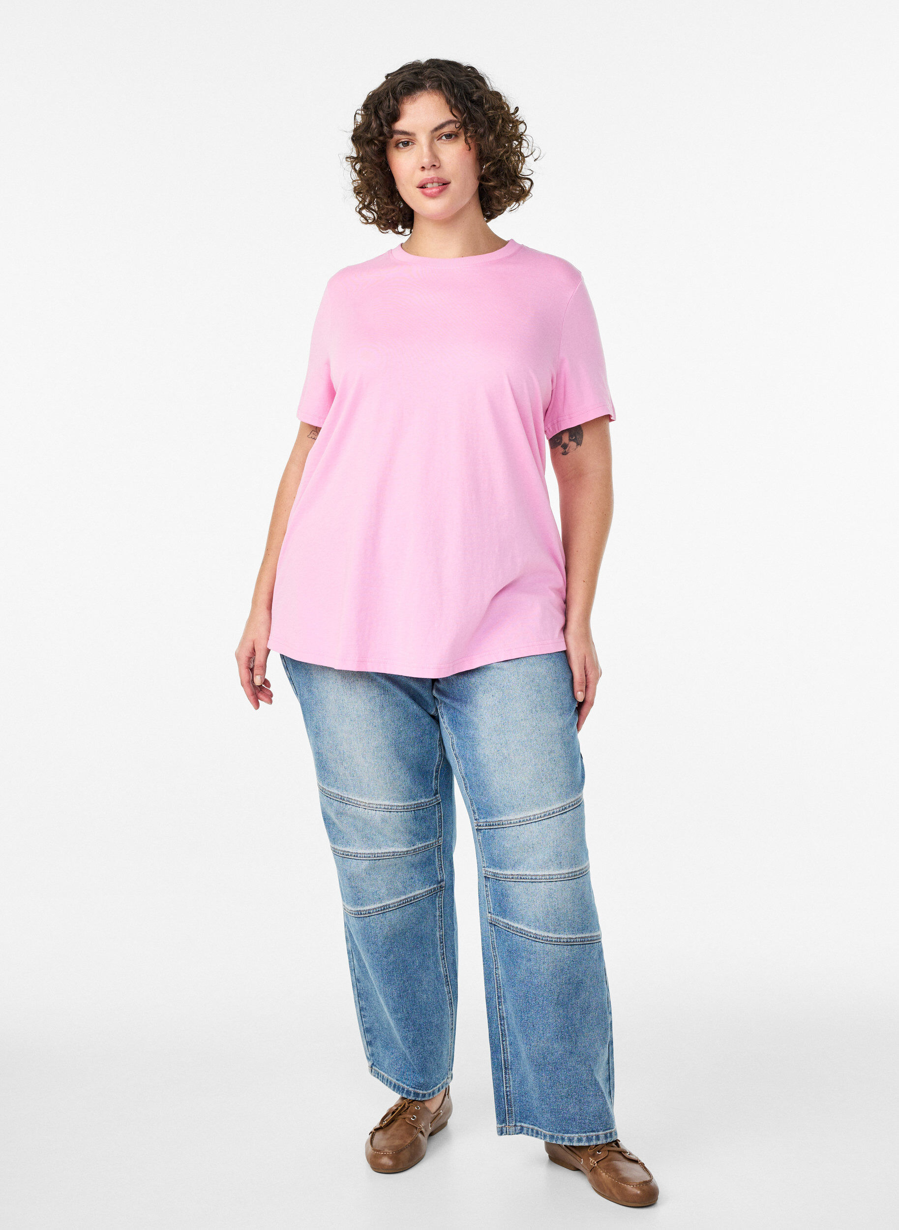 Zizzi Basic katoenen T-shirt met ronde hals, Roze, Model image number 1