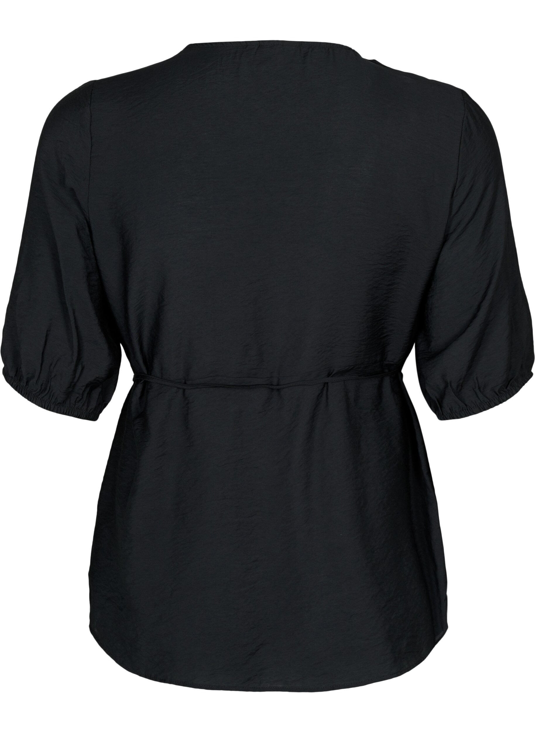 Zizzi Wikkelblouse van Viscose met korte mouw, Black, Packshot image number 1