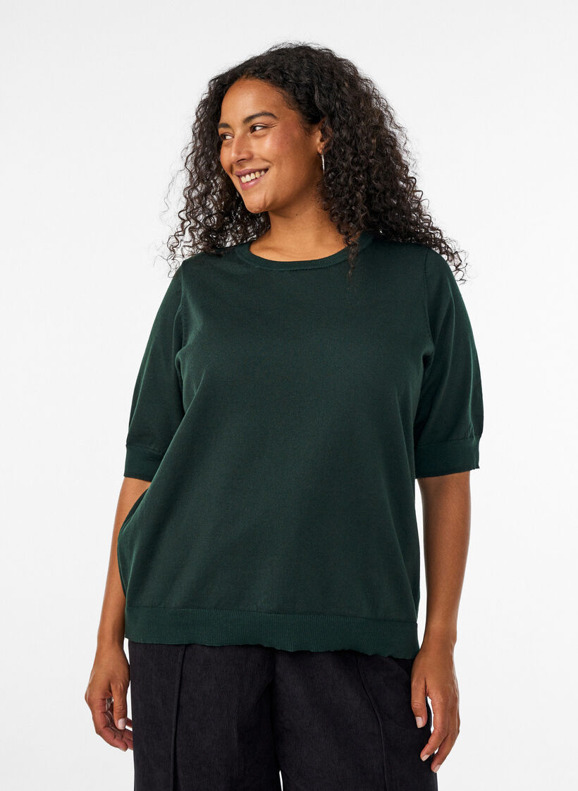 Fijngebreide blouse met korte mouwen, Groen, Model image number 0