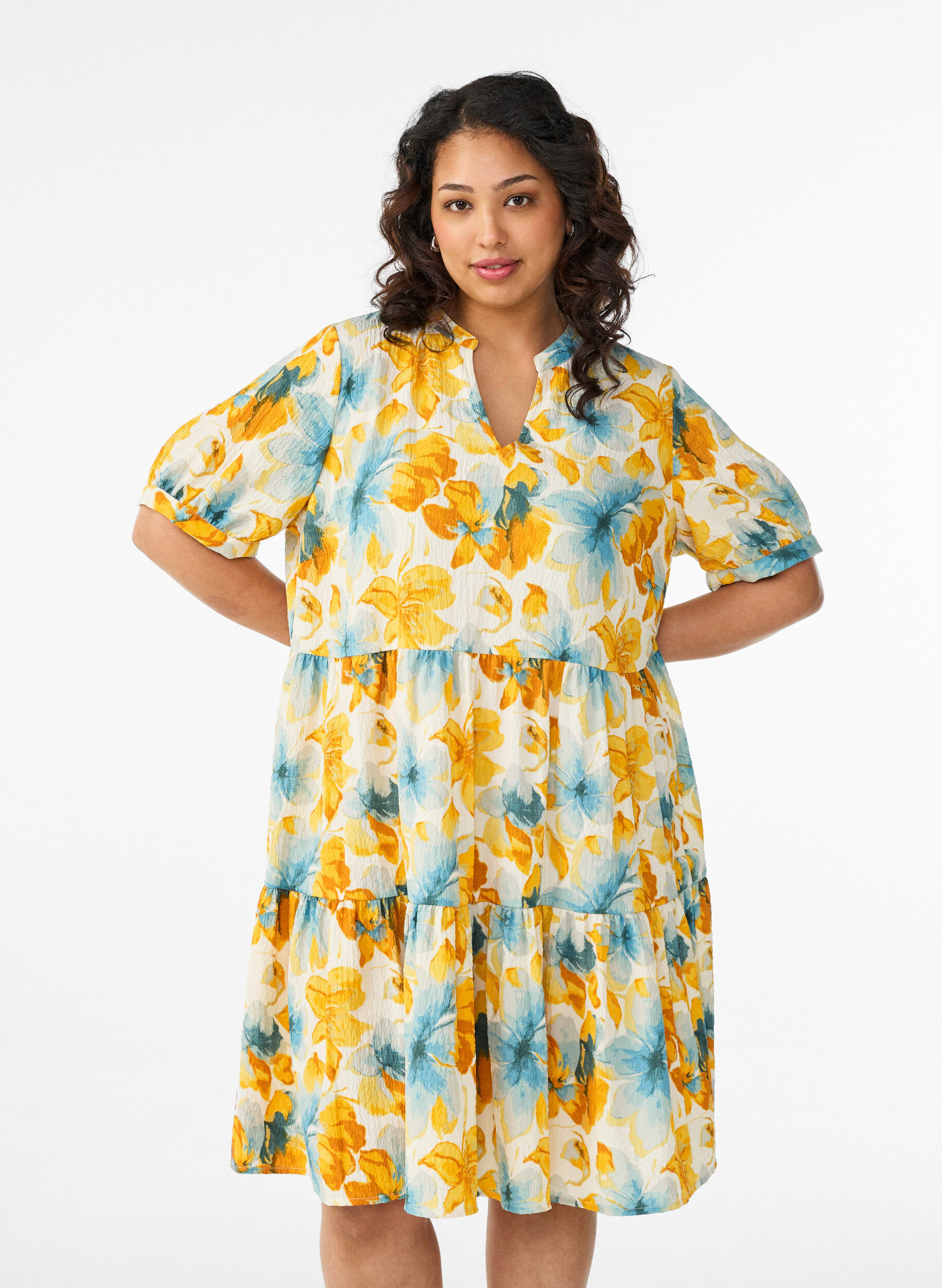 ZizziKorte A-lijn jurk, Geel, Model image number 0