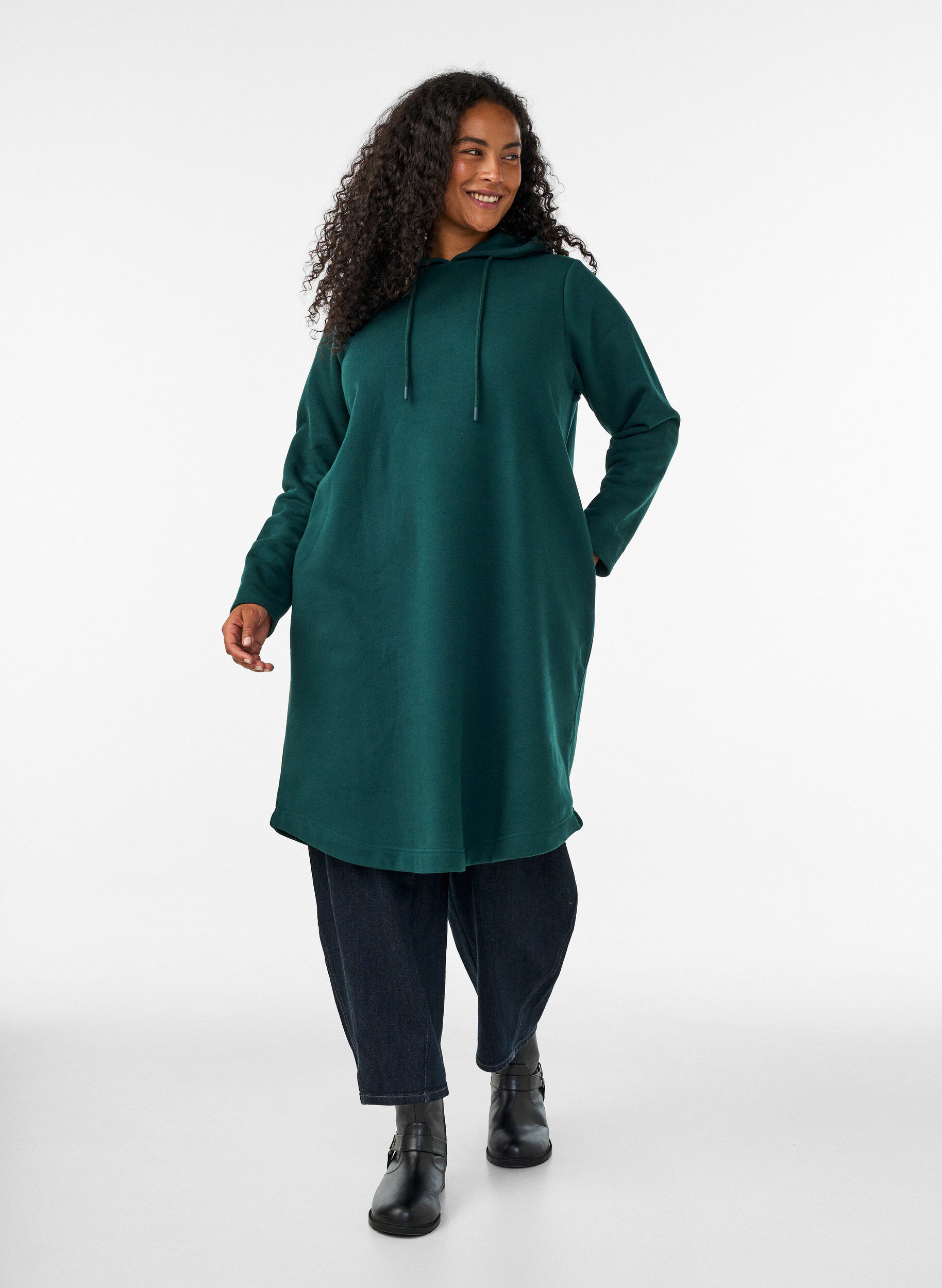ZizziSweatshirt jurk met capuchon en zakken, 0648, Model image number 0