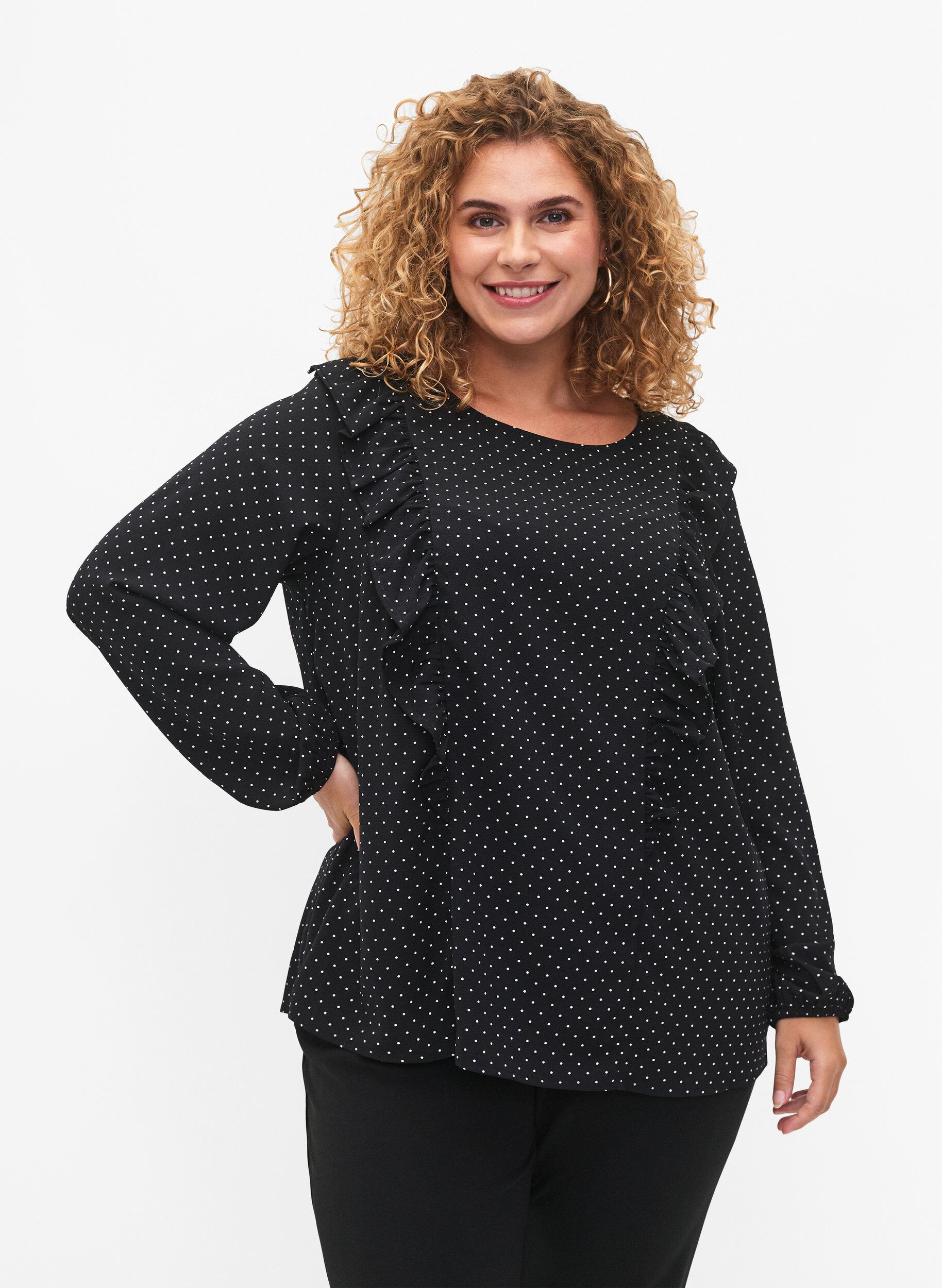 Zizzi Blouse met lange mouwen en ruches, Black Dot, Model image number 0