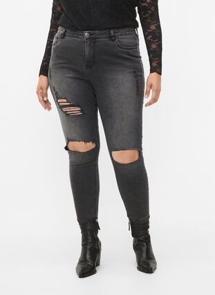 Strakke jeans met slijtagedetails, Grey Denim, Model image number 2