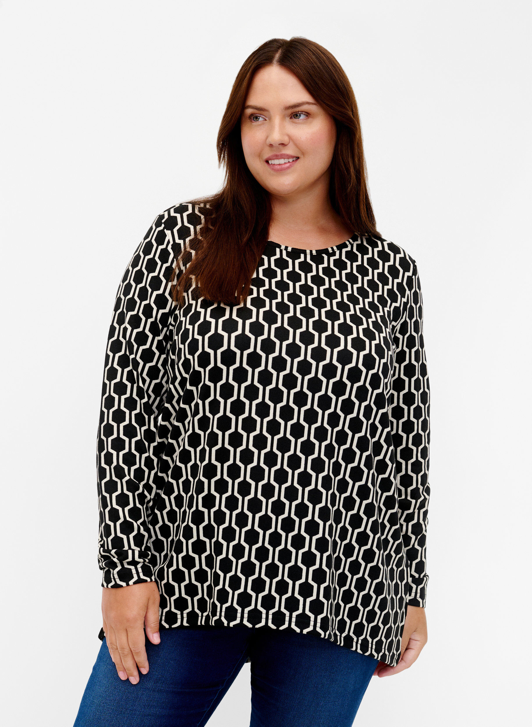 Zizzi Gedessineerde blouse met lange mouwen, Birch W. Graphic, Model image number 0