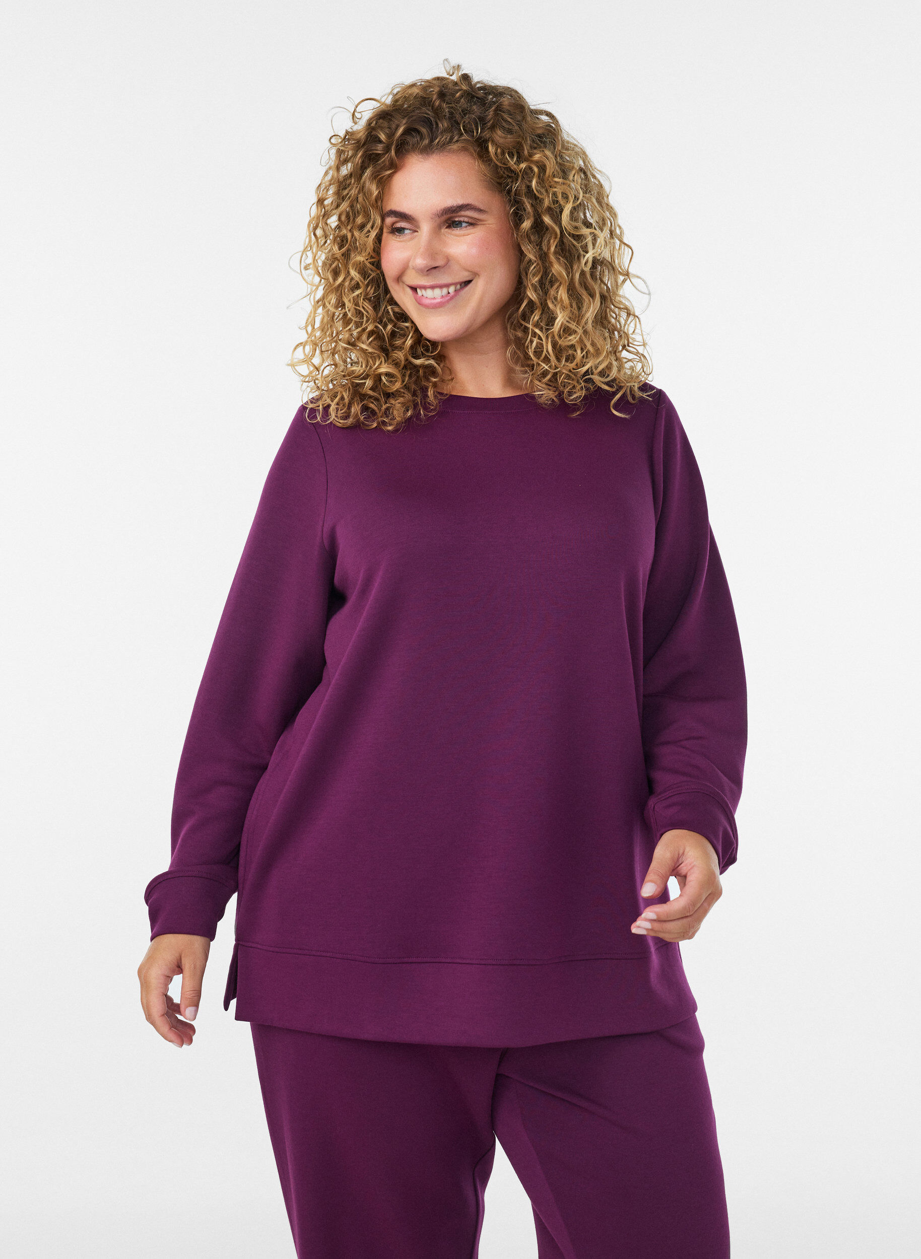 ZizziJersey blouse met lange mouwen en een ronde hals, Paars, Model image number 0